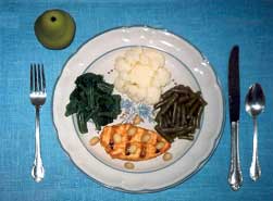 Food plate showing 1/3 protein, 2/3 veggies and fruit for dessert.